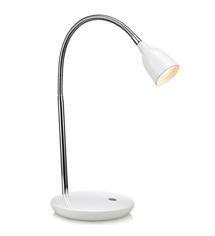 Biała lampka biurkowa Tulip LED włącznik na lampie giętkie ramię flexo