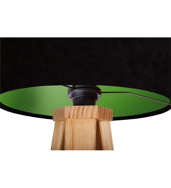 Lampa stołowa Gloria Zielona czarny welurowy abażur z zielonym środkiem na drewnianym trójnogu do sypialni salonu - OD RĘKI