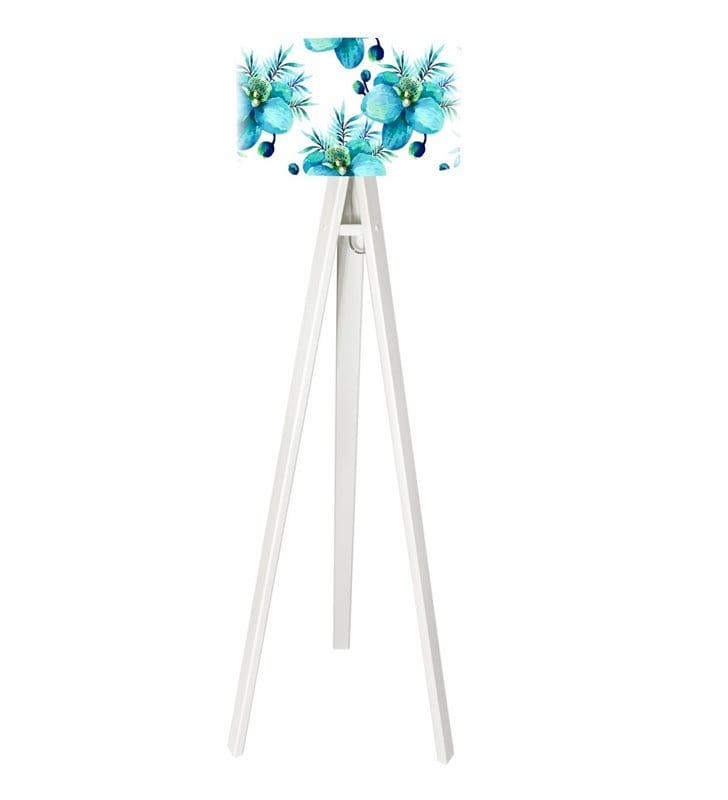Biała lampa podłogowa na trójnogu z kwiatowym abażurem Błękitny Storczyk