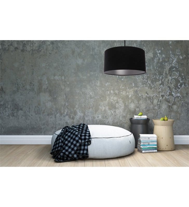 Lampa wisząca Gloria Srebrna abażur czarny ze srebrnym środkiem 50cm tkanina welur do salonu jadalni sypialni