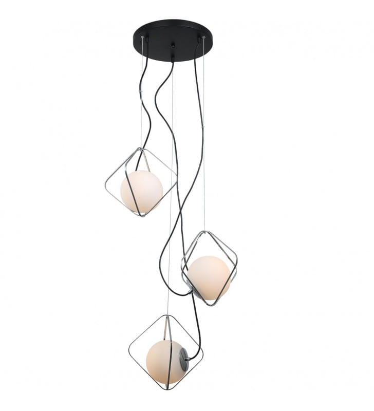 Lampa kaskadowa Canto potrójna połączenie czerni i chromu z okrągłymi szklanymi kloszami