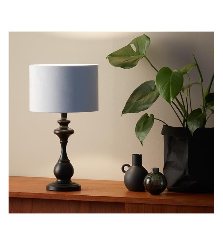 Lampa stołowa Connor elegancka stylowa biały materiałowy abażur podstawa czarna do sypialni salonu na stolik nocny lub komodę