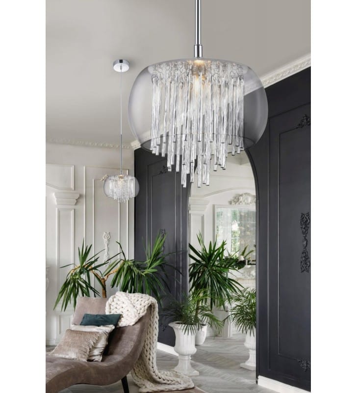 Dekoracyjna pojedyncza lampa wisząca Rego szklany bezbarwny klosz aluminiowe pręciki styl glamour