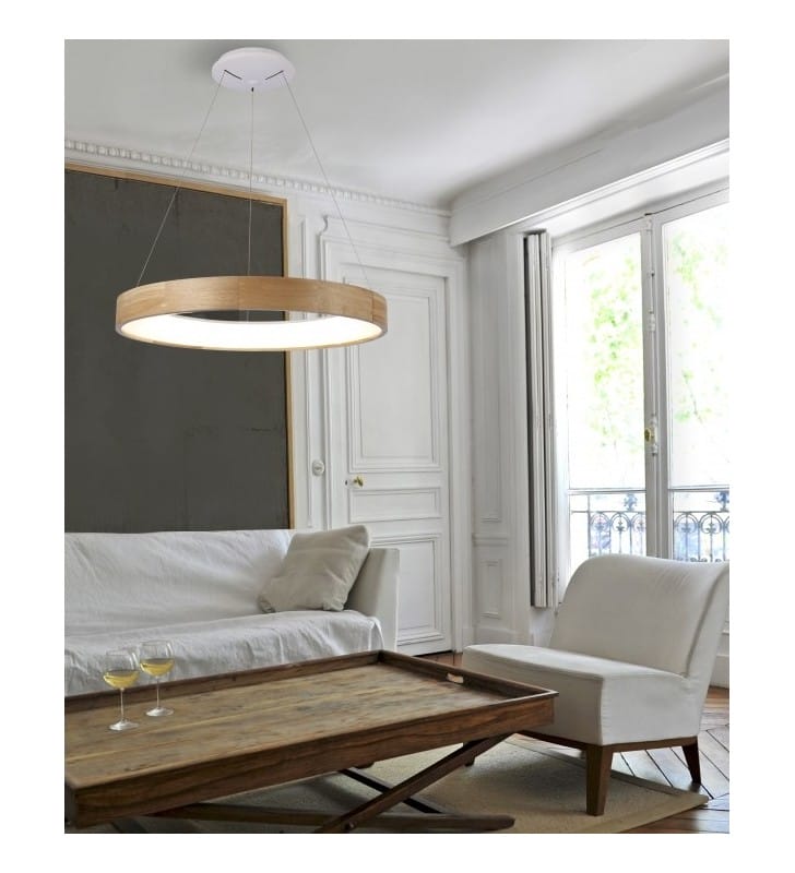 Drewniana lampa wisząca Silvam LED okrągła obręcz do salonu sypialni jadalni