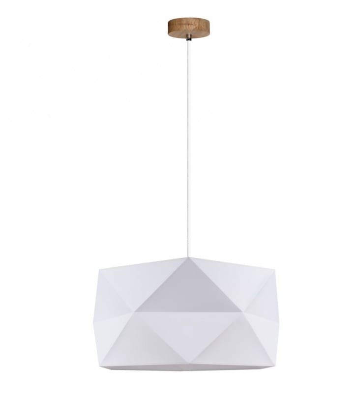Lampa wisząca Finja origami abażur biały z tkaniny drewniana dębowa podsufitka kabel biały w oplocie