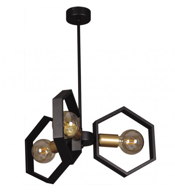 3 punktowy czarny żyrandol ze złotym wykończeniem Honey sztywne zawieszenie klosze sześciokątne hexagon plaster miodu