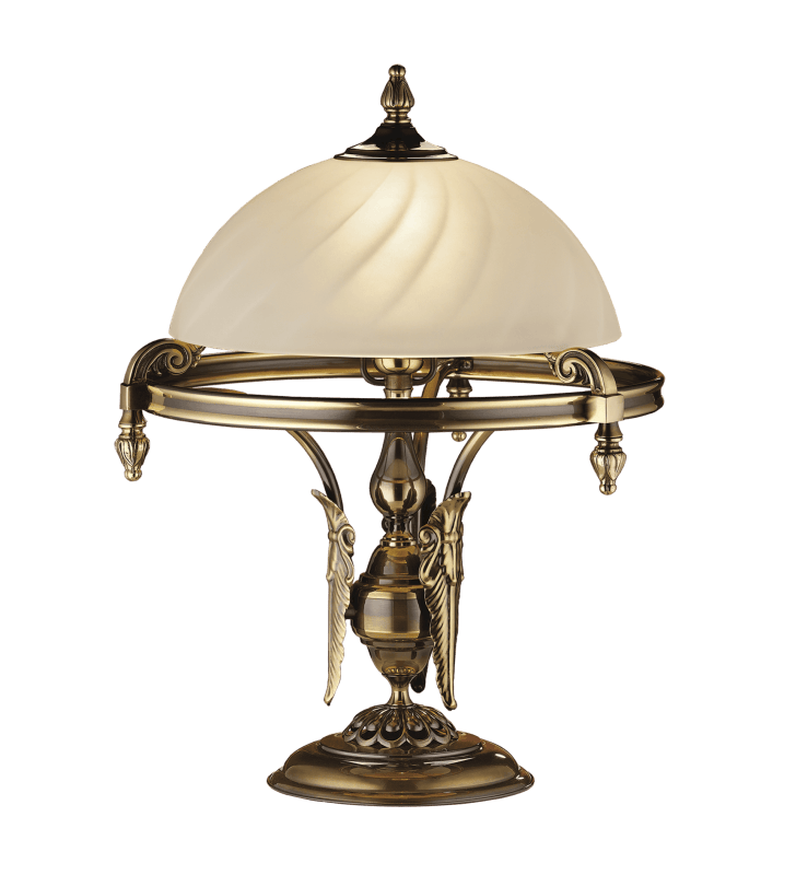 Stylowa lampa gabinetowa lub stołowa nocna Cordoba II podstawa patyna połysk szklany kremowy klosz