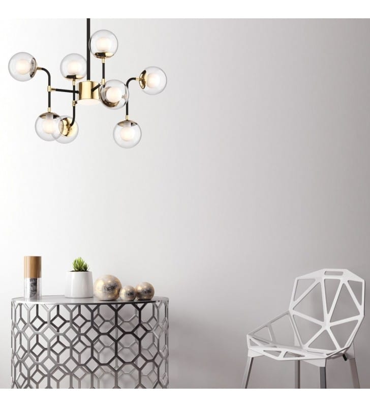 Żyrandol lampa wisząca Riano 8 żarówek styl nowoczesny kolor czarny ze złotym wykończeniem okrągłe szklane klosze