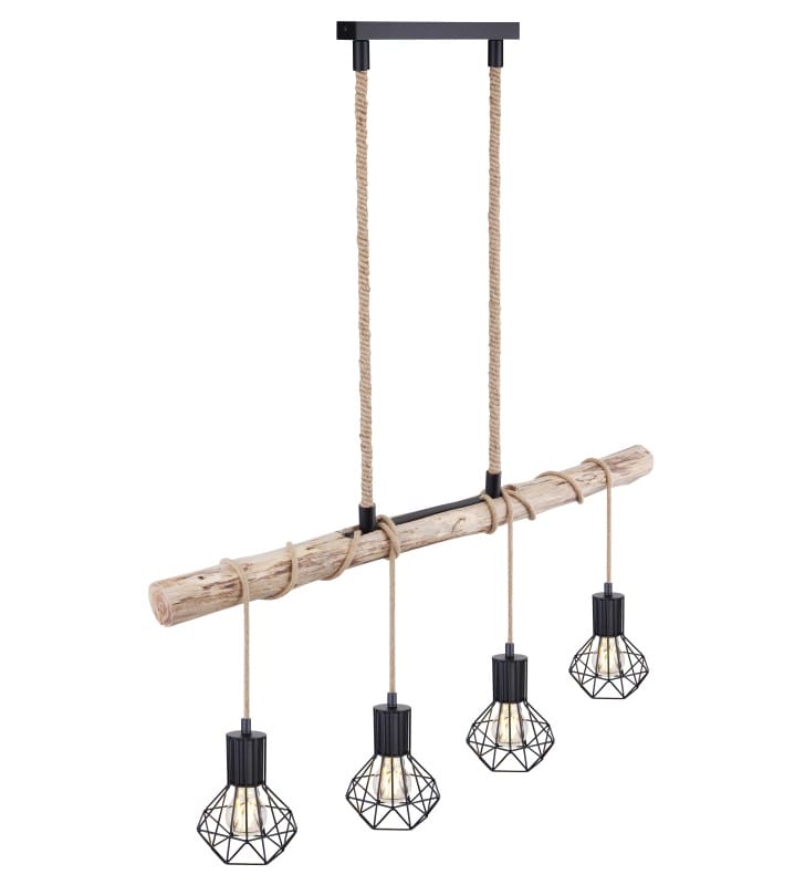 Drewniana lampa wisząca Priska naturalna belka 4 czarne klosze liny konopne styl vintage