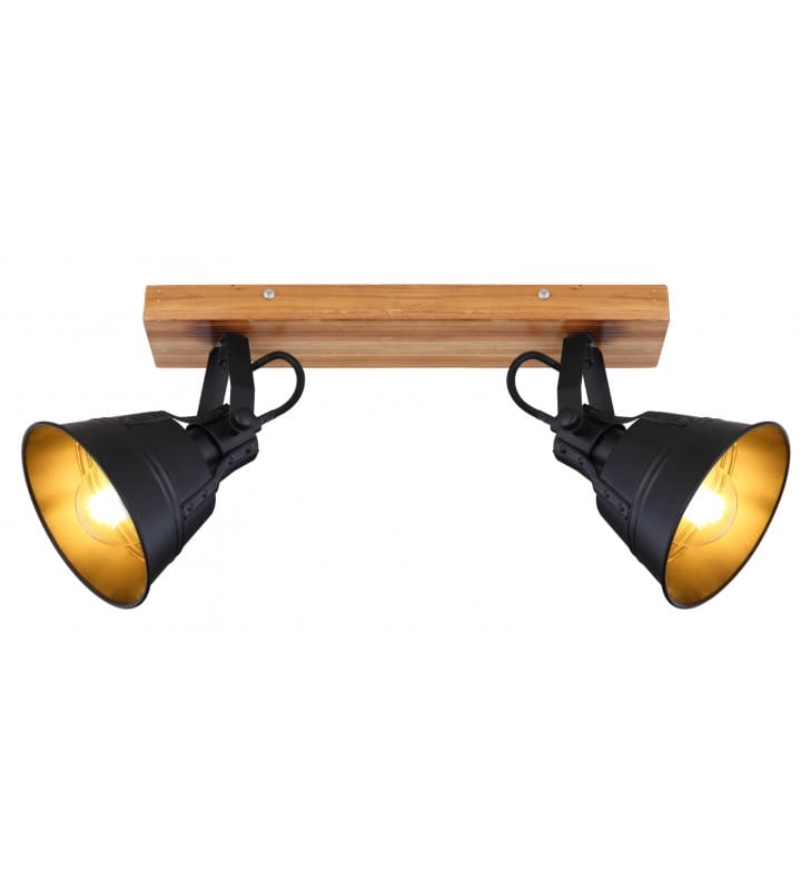 2 punktowa lampa sufitowa Gunther drewniana podsufitka 2 metalowe czarne klosze