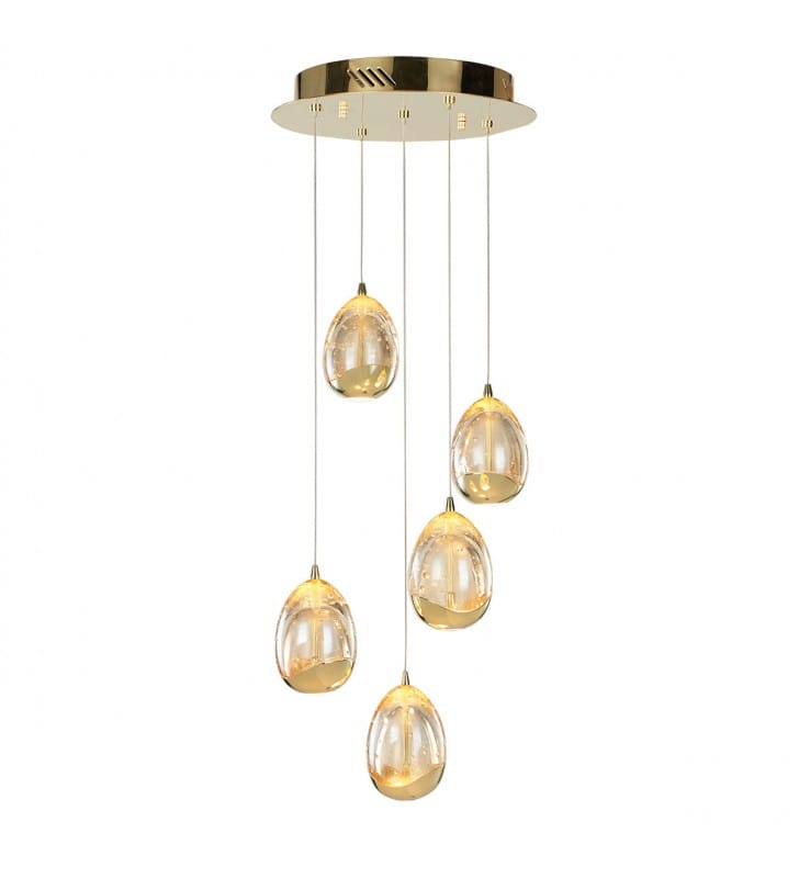 5 zwisowa lampa Huelto LED złota klosze akrylowe z bąbelkami powietrza