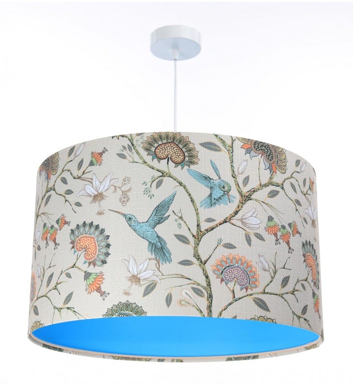 Abażurowa lampa wisząca Kolibri3 tkanina z kolibrami i kwiatami turkusowy środek do salonu sypialni kuchni jadalni