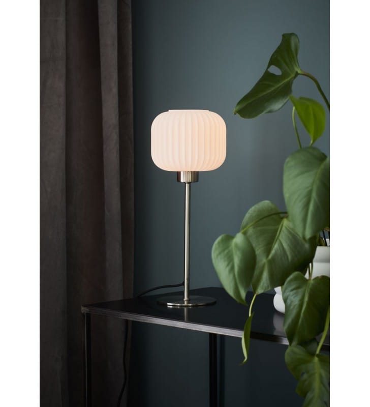 Lampa stołowa Sober podstawa metal stal klosz biały szklany dekorowany do sypialni salonu