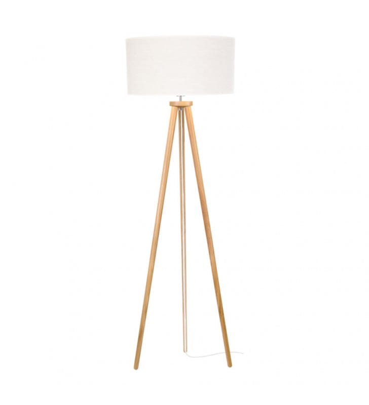 Boho nowoczesna lampa stojąca z beżowym lnianym abażurem podstawa trójnóg drewno dąb olejowany do salonu sypialni