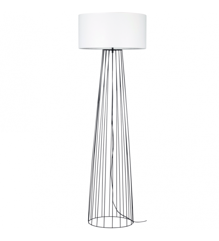 Biała nowoczesna lampa stojąca z czarną drucianą podstawą Swan do salonu sypialni