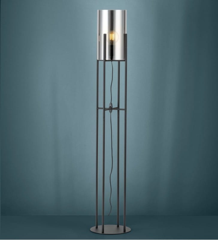 Czarna lampa stojąca Glastonbury metalowa podstawa szklany transparentny klosz do salonu sypialni