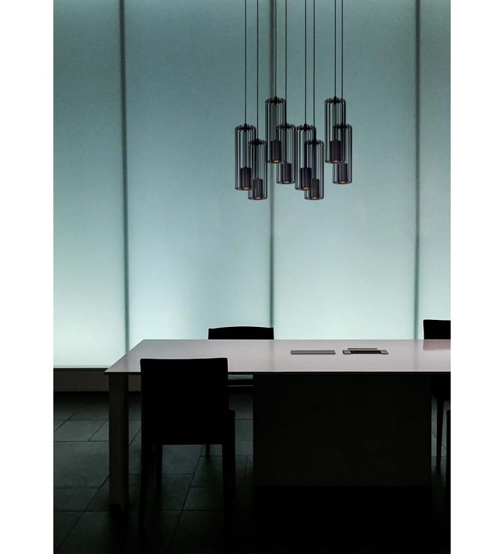 Czarna prostokątna lampa wisząca Falcon do salonu 8 zwisów klosze druciane