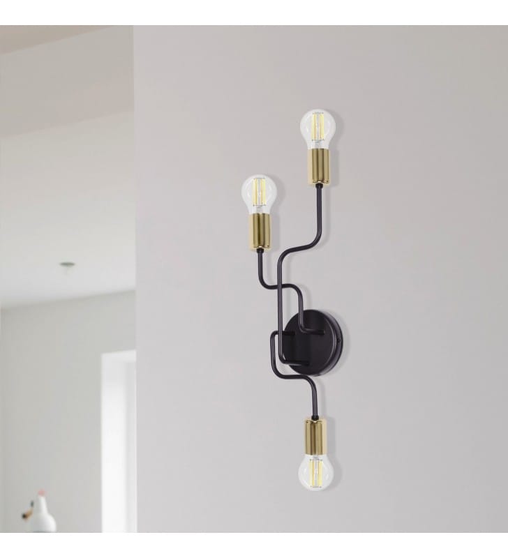3 pkt lampa ścienna Kuga czarna metalowa ze złotym wykończeniem styl loftowy industrialny