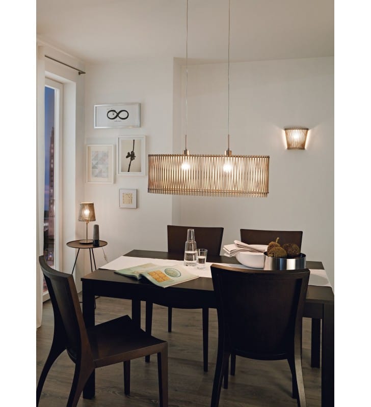Drewniana podłużna owalna lampa wisząca Sendero w kolorze klonu nad stół do kuchni jadalni salonu sypialni