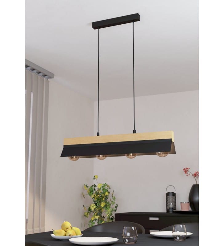 Podłużna pozioma lampa wisząca nad stół Tarrafo 88cm czarny metal drewno 4xE27