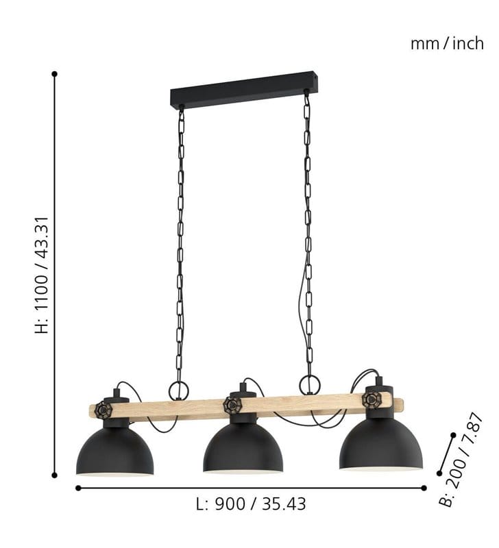 Loftowa 3 pkt lampa wisząca Lubenham na łańcuchach czarny metal drewno