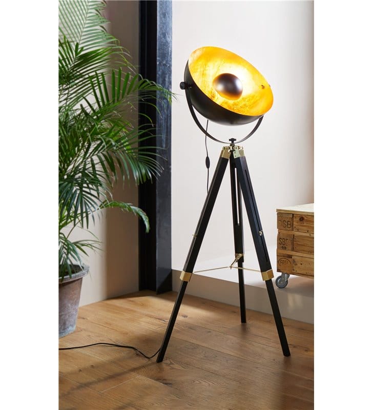 Czarno złota lampa podłogowa Covaleda trójnóg jak antena ruchomy klosz styl loftowy industrialny