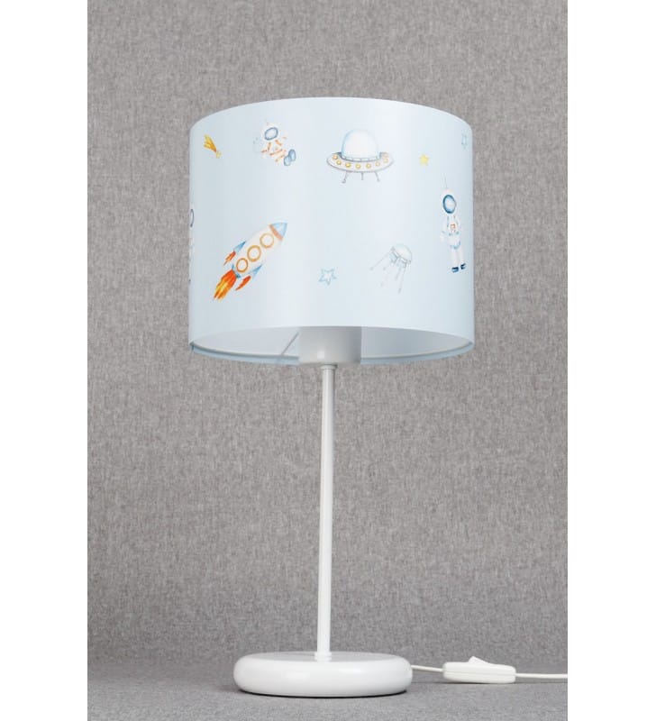 Lampa nocna stołowa do pokoju dziecka Kosmos abażur z nadrukiem włącznik na przewodzie