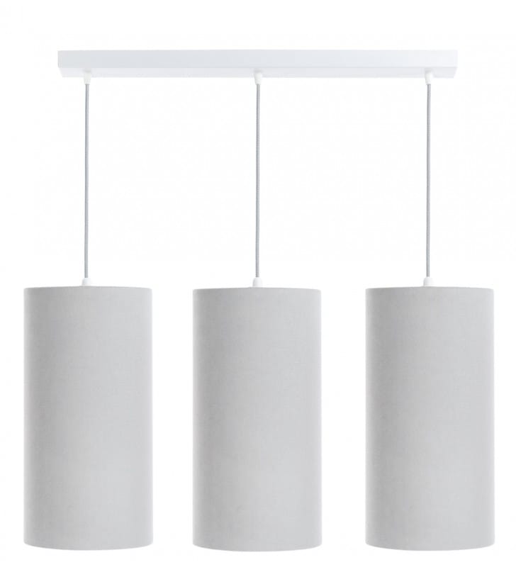 Potrójna szara lampa wisząca Omarr 3 abażury z weluru białe wykończenie nad stół