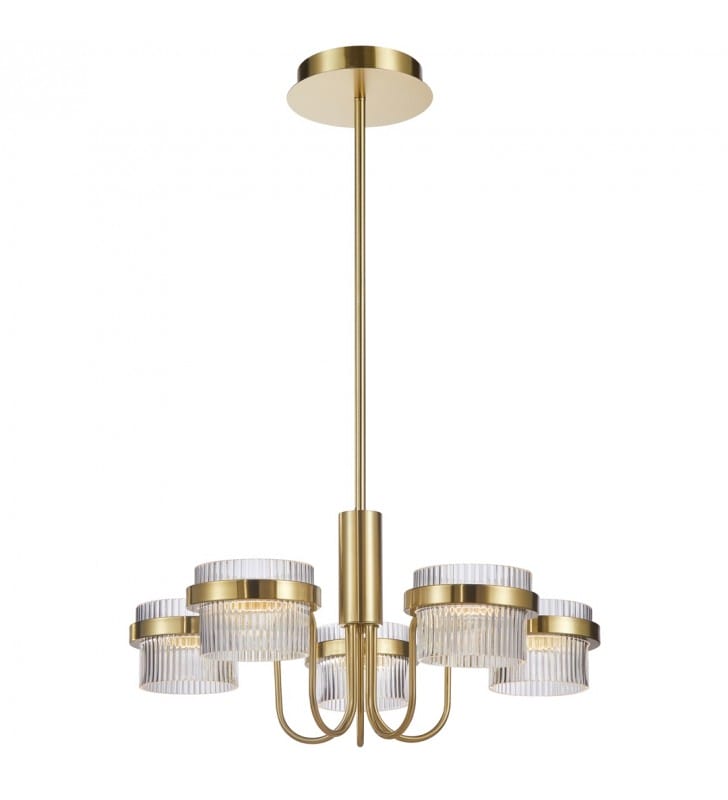 Złoty żyrandol LED Tiara bezbarwne klosze ze szkła 5 ramion do salonu klasycznego i nowoczesnego