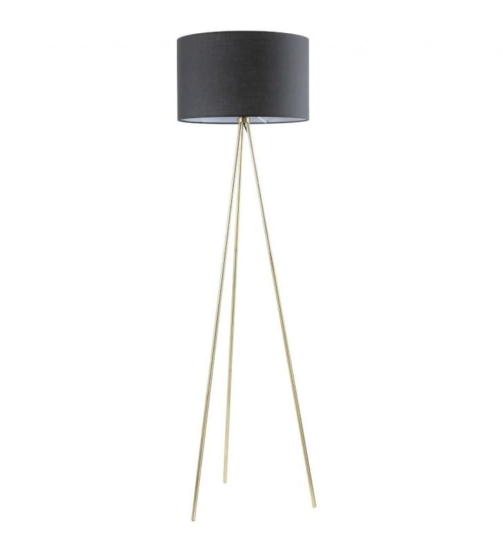 Lampa podłogowa Cara złoty trójnóg czarny abażur z materiału do sypialni