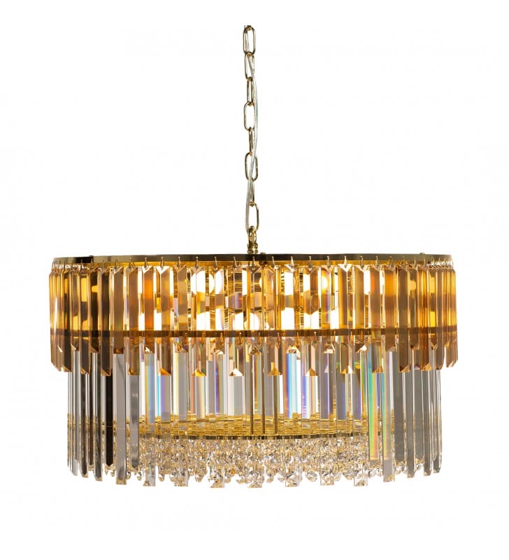 Duża szklana lampa wisząca Camille 60cm łańcuch złoto bezbarwne i bursztynowe szkło do salonu