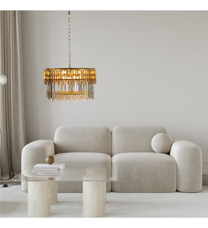 Duża szklana lampa wisząca Camille 60cm łańcuch złoto bezbarwne i bursztynowe szkło do salonu