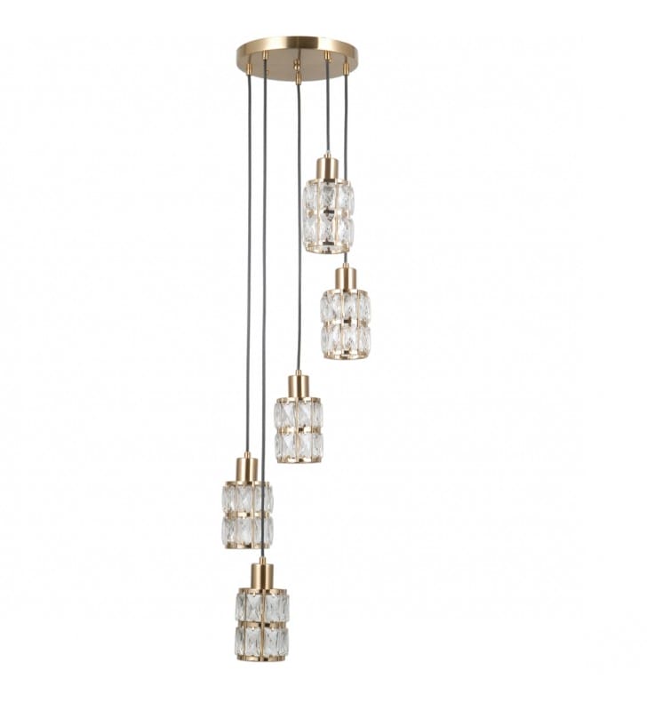 Lampa wisząca Alma złota okrągła kryształowe klosze na linkach 5xE14